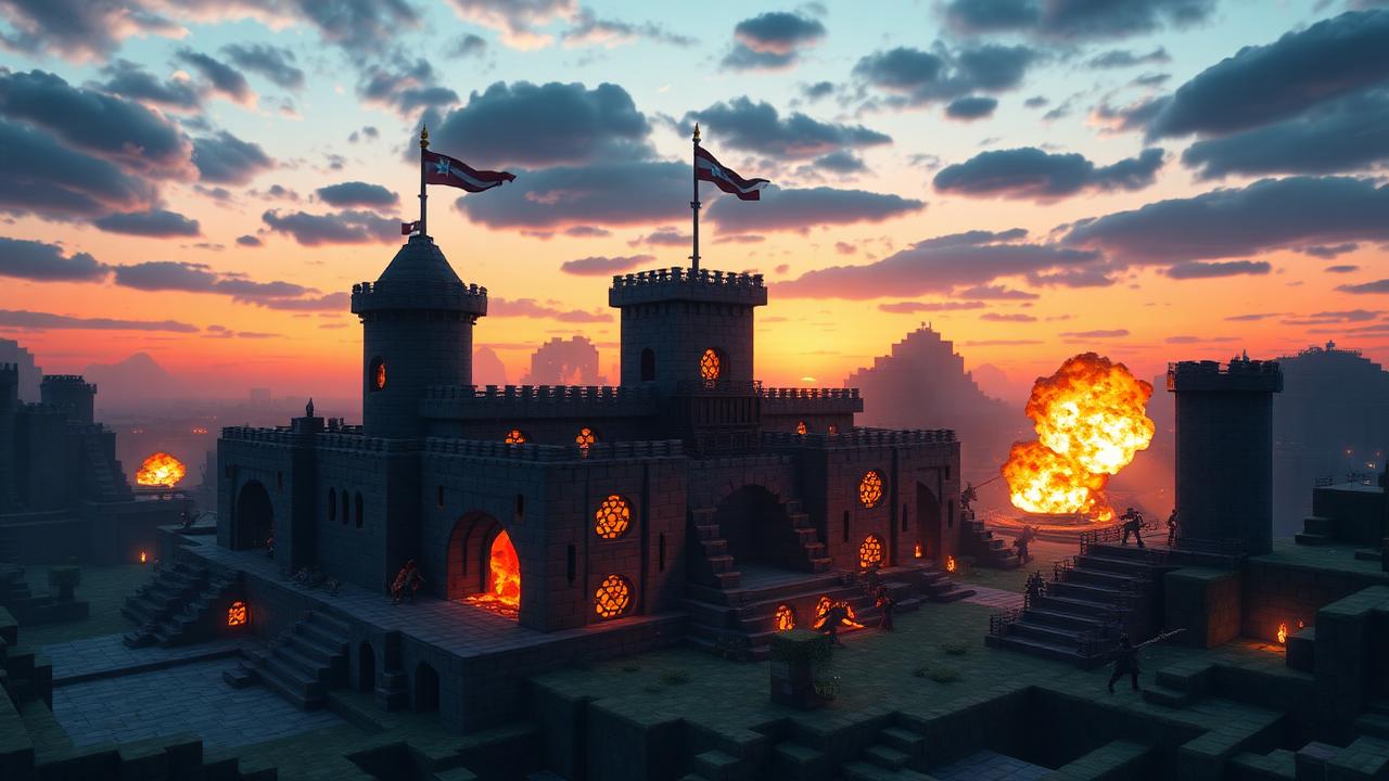 Base de facção sob ataque ao entardecer